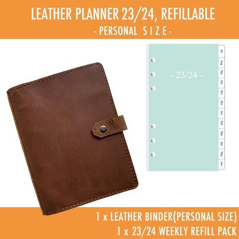 2024-2025 Leather Planner - A5 Genuine Leather Binder Planner with Weekly & Monthly Pages for Men and Women, Inner Pockets and Pen Holder, Refillable in Saudi Arabia