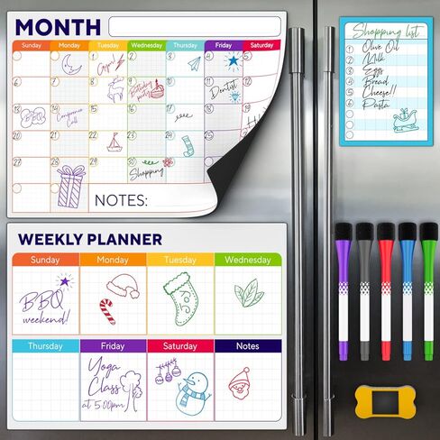 Magnetic Dry Erase Whiteboard Calendar for Fridge Set of 3 - Includes: Monthly, Weekly & Daily Calendar Whiteboard, Grocery List, 5 Markers & Eraser - Perfect Calendar to Get Organized Every Day in Kuwait