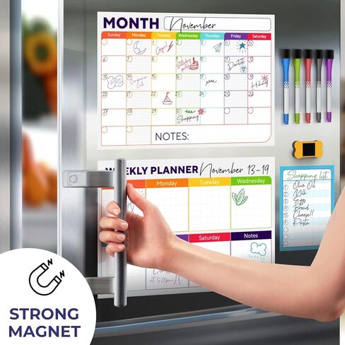 Magnetic Dry Erase Whiteboard Calendar for Fridge Set of 3 - Includes: Monthly, Weekly & Daily Calendar Whiteboard, Grocery List, 5 Markers & Eraser - Perfect Calendar to Get Organized Every Day in Kuwait