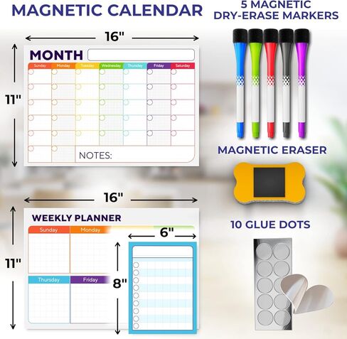 Magnetic Dry Erase Whiteboard Calendar for Fridge Set of 3 - Includes: Monthly, Weekly & Daily Calendar Whiteboard, Grocery List, 5 Markers & Eraser - Perfect Calendar to Get Organized Every Day in Kuwait