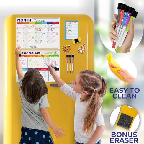 Magnetic Dry Erase Whiteboard Calendar for Fridge Set of 3 - Includes: Monthly, Weekly & Daily Calendar Whiteboard, Grocery List, 5 Markers & Eraser - Perfect Calendar to Get Organized Every Day in Kuwait