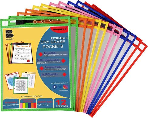 BONBELA Dry Erase Pockets - 12 Pack EASYWipeXL Heavy Duty Sheet Protectors Quickly Wipe to a Flawless Clean - Save a Bundle on 10 x 13 Reusable Dry Erase Sheets Sleeves for Work & School Worksheets in Saudi Arabia