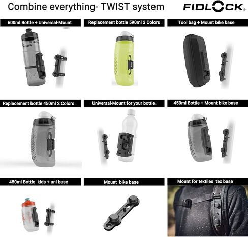 مجموعة زجاجات FIDLOCK Twist 450 - حامل زجاجة مياه للدراجة مع زجاجة مرفقة - حامل مغناطيسي خالٍ من القفص، أسود in Kuwait
