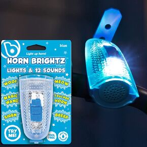 برايتز هورنبرايتز ضوء LED لبوق الدراجة - 12 تأثيرات صوتية فريدة - جرس الدراجة، حلقة، صفارة الشرطة، محرك إطفاء، بوق شاحنة، صفارة احتياطية، دراجة نارية، عصا سحرية، قطة، كلب، بقرة، حصان