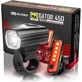 BLITZU Gator 450 Lumens مجموعة أضواء الدراجة الأمامية والخلفية، المصباح الأمامي والذيل الخلفي، مصباح دراجة قابل لإعادة الشحن عبر USB، مقاوم للماء، ملحقات ركوب الدراجات بمصباح يدوي آمن، يناسب خوذة MTB للأطفال البالغين in Kuwait