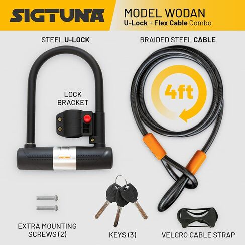 Bike U-Lock - Sigtuna Bike Lock Heavy Duty Anti-Theft with 4ft/1.2m Cable, Bicycle U-Lock with Sturdy Mounting Bracket for Mountain Bikes, Ebikes, Scooters in Saudi Arabia