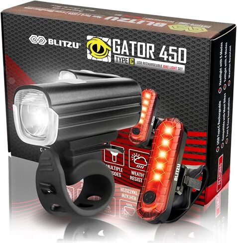 BLITZU Gator 450 Lumens مجموعة أضواء الدراجة الأمامية والخلفية، المصباح الأمامي والذيل الخلفي، مصباح دراجة قابل لإعادة الشحن عبر USB، مقاوم للماء، ملحقات ركوب الدراجات بمصباح يدوي آمن، يناسب خوذة MTB للأطفال البالغين in Kuwait