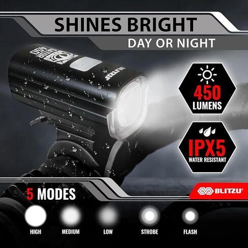 BLITZU Gator 450 Lumens مجموعة أضواء الدراجة الأمامية والخلفية، المصباح الأمامي والذيل الخلفي، مصباح دراجة قابل لإعادة الشحن عبر USB، مقاوم للماء، ملحقات ركوب الدراجات بمصباح يدوي آمن، يناسب خوذة MTB للأطفال البالغين in Kuwait