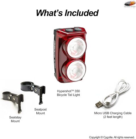 Cygolite Hypershot - ضوء خلفي للدراجة 350 لومن - 7 أوضاع ليلية ونهارية - سرعات فلاش قابلة للتعديل من قبل المستخدم - مدمجة ومتينة - مقاومة للماء IP64 - حامل صلب آمن - USB قابل لإعادة الشحن - رائع للشوارع المزدحمة in Saudi Arabia