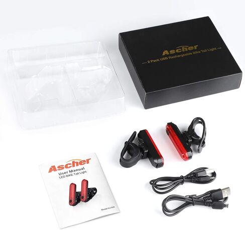 Ascher USB Rechargeable LED Bike Tail Light 2 Pack, Bright Bicycle Rear Cycling Safety Flashlight, 330mah Lithium Battery, 4 Light Mode Options, (2 USB Cables Included) in Kuwait