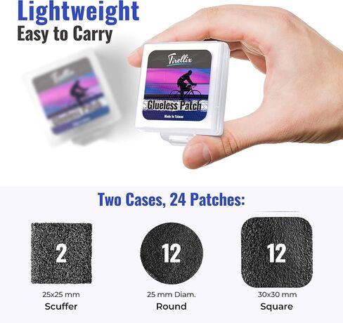 مجموعة تصحيح إطارات الدراجة من Tirellix - 24 قطعة من مجموعات تصحيح الأنبوب بدون غراء للدراجات، والدراجات النارية، وإصلاح الإطارات المسطحة للأنبوب الداخلي للدراجات الجبلية، ومجموعة تصحيحات الدراجة، بالإضافة إلى 2 جرجر، 2 حقيبة محمولة in Kuwait