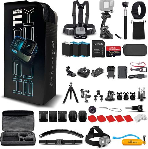 GoPro HERO11 (Hero 11) Black - Waterproof Action Camera with 5.3K Video, 27MP Photos, 1/1.9" Sensor, Live Streaming, Webcam, Stabilization + 64GB Card, 50 Piece Accessory Kit and 2 Extra Batteries in Saudi Arabia