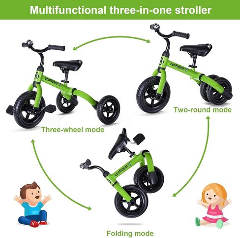 Ancaixin 3 in 1 Toddler Tricycles for 2-5 Years Old Boys and Girls with Adjustable Seat Detachable Pedal and Bell, Foldable Baby Balance Bike Riding Toys for Kids, Child Birthday Gift Green in Saudi Arabia