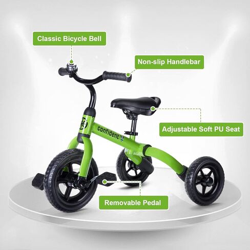 Ancaixin 3 in 1 Toddler Tricycles for 2-5 Years Old Boys and Girls with Adjustable Seat Detachable Pedal and Bell, Foldable Baby Balance Bike Riding Toys for Kids, Child Birthday Gift Green in Saudi Arabia