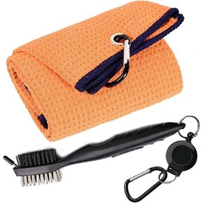 Golf Towels, Microfiber Waffle Pattern Tri-fold Golf Towel - Brush Tool Kit with Club Groove Cleaner, with Clip Men Women Golf Gifts and Golf Accessories (2 Black Towel+Black Brush)