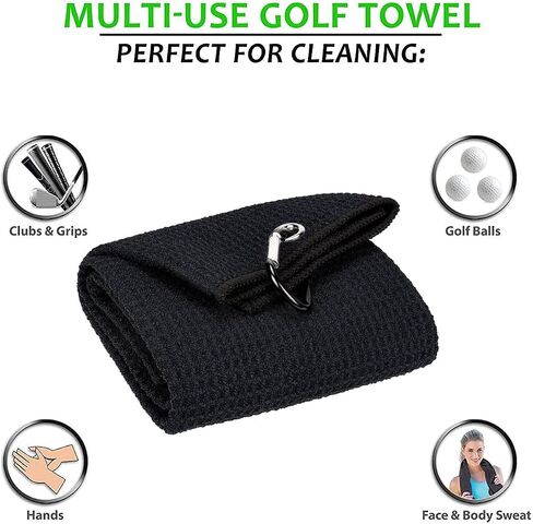 Golf Towels, Microfiber Waffle Pattern Tri-fold Golf Towel - Brush Tool Kit with Club Groove Cleaner, with Clip Men Women Golf Gifts and Golf Accessories (2 Black Towel+Black Brush) in Saudi Arabia