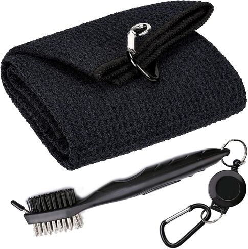 Golf Towels, Microfiber Waffle Pattern Tri-fold Golf Towel - Brush Tool Kit with Club Groove Cleaner, with Clip Men Women Golf Gifts and Golf Accessories (2 Black Towel+Black Brush) in Saudi Arabia