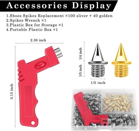 UUMENHA 140pcs 1/4 Inch Track Spikes with a Spike Wrench,Hard Steel Replacement Spikes for Track Shoes, Pyramid Spikes for Sprint Sports, Running and Cross Country,100 Sliver and 40 Golden in Kuwait