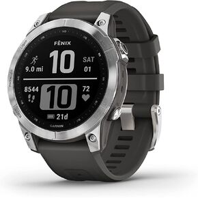 Garmin Fenix 7S, Smaller Sized Adventure smartwatch, Rugged Outdoor Watch with GPS, Touchscreen, Health and Wellness Features, Silver with Graphite Band in Kuwait