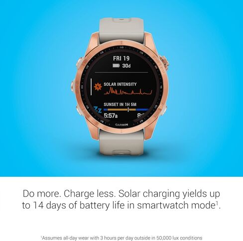 Garmin fenix 7 Sapphire Solar، ساعة ذكية للمغامرة، مع إمكانيات الشحن بالطاقة الشمسية، ساعة خارجية متينة مع نظام تحديد المواقع العالمي (GPS)، شاشة تعمل باللمس، ميزات العافية، سوار من الحجر الأبيض المصنوع من التيتانيوم DLC باللون الأزرق المعدني in Kuwait