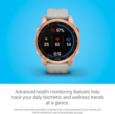Garmin fenix 7 Sapphire Solar، ساعة ذكية للمغامرة، مع إمكانيات الشحن بالطاقة الشمسية، ساعة خارجية متينة مع نظام تحديد المواقع العالمي (GPS)، شاشة تعمل باللمس، ميزات العافية، سوار من الحجر الأبيض المصنوع من التيتانيوم DLC باللون الأزرق المعدني in Kuwait