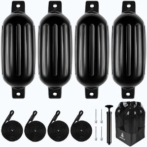 Dreizack Boat Fenders 4 Pack, Boat Bumpers for Docking with 4 Ropes, Inflatable Ribbed Marine Pontoon Boat Fender Bumper for Docks with 1 Storage Bag, 1 Air Pump and 4 Needles