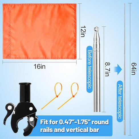 علم قارب برتقالي - علم سلامة قارب قابل للتعديل 64 انش علم تزلج على الماء مع حامل ثابت وعمود علم متين علم سلامة متزلج للسباحين معدات السلامة in Kuwait