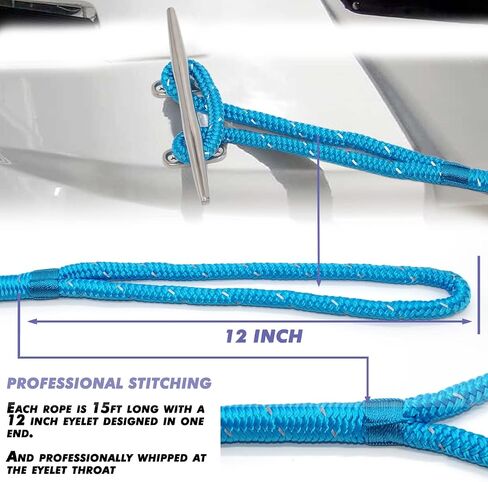 4 Pack 1/2" X 15’ Dock Lines|Marine-Grade Double-Braided Nylon Dock Line with 12" Eyelet.Hi-Performance Boat Rope Mooring Rope Dock Line (Blue) in Saudi Arabia