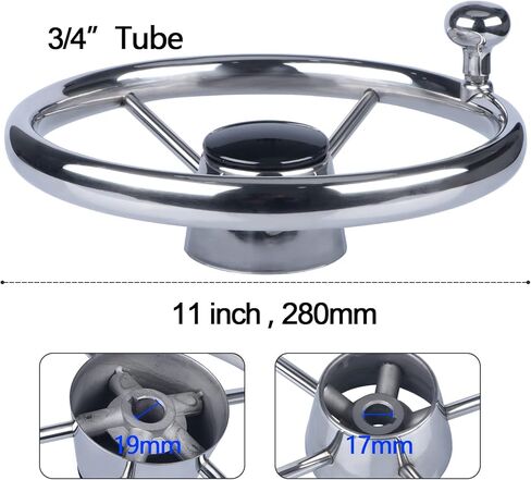 11inch Boat Steering Wheel, Marine Stainless Steel Steering Wheel Adapter fit 3/4 inch Tapered Shaft, 5 Spoke 25 Degree Destroyer Style with Knob & Center Cap for Boats, Yachts, Pontoon Boats in Kuwait