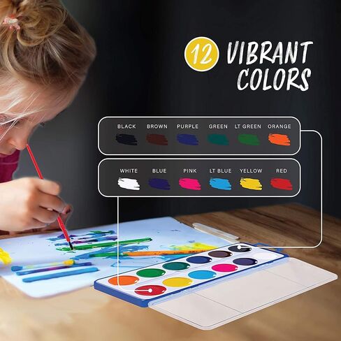 Pack of 12 Watercolor Paint Set for Kids - Washable Paint Sets with 12 Vibrant Colors - Suitable for Home, Classroom, and Art Parties - Includes Paintbrush for Creative Fun Activity on the Go in Saudi Arabia