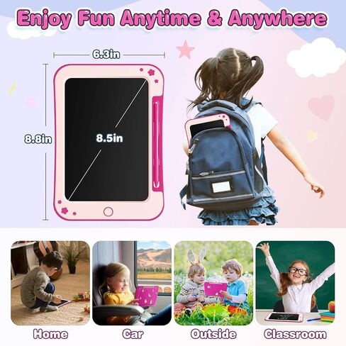هدايا ألعاب الأطفال الصغار من TEKFUN - تابلت كتابة LCD مقاس 8.5 بوصة للأطفال مع ملصقات لوح رسم ملون، هدايا عيد ميلاد للأطفال ألعاب تعليمية لعمر 2 3 4 5 6 سنوات (وردي) in Kuwait