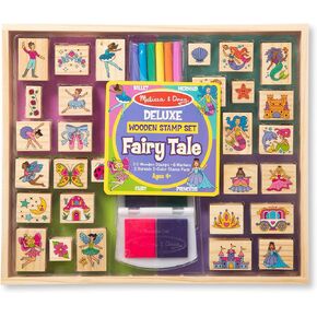 Melissa & Doug Deluxe Wooden Stamp and Coloring Set – Fairy Tale (30 Stamps, 6 Markers, 2 Durable 2-Color Pads) - Fairy Tale-Themed Stamps For Kids Activity Set