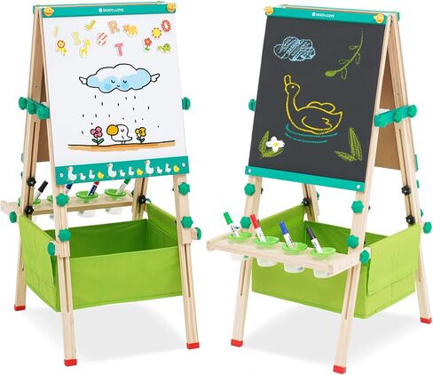 حامل فني قائم على الوجهين مع لوح طباشير قابل للمسح الجاف، حامل بارتفاع قابل للتعديل، تصميم بدون حدود، حامل رسم خشبي للاطفال مع لفة ورقية لهدايا عيد الميلاد والعطلات in Kuwait