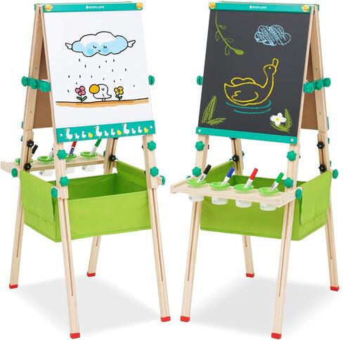 حامل فني قائم على الوجهين مع لوح طباشير قابل للمسح الجاف، حامل بارتفاع قابل للتعديل، تصميم بدون حدود، حامل رسم خشبي للاطفال مع لفة ورقية لهدايا عيد الميلاد والعطلات in Kuwait