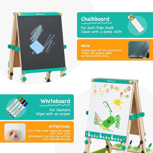 حامل فني قائم على الوجهين مع لوح طباشير قابل للمسح الجاف، حامل بارتفاع قابل للتعديل، تصميم بدون حدود، حامل رسم خشبي للاطفال مع لفة ورقية لهدايا عيد الميلاد والعطلات in Kuwait