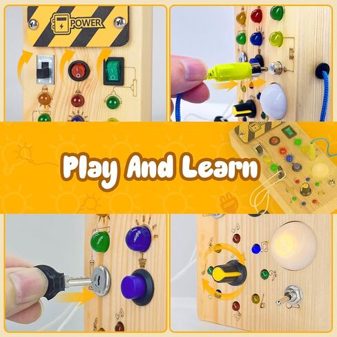 Hoarosall Montessori Wooden Busy Board with 8 LED Light switches, Sensory Toys Light Switch Travel Toys for 1+ Year Old Baby and Toddler in Saudi Arabia