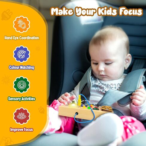 Hoarosall Montessori Wooden Busy Board with 8 LED Light switches, Sensory Toys Light Switch Travel Toys for 1+ Year Old Baby and Toddler in Saudi Arabia