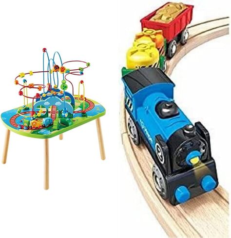 Hape E3824 Jungle Adventure Kids Toddler Wooden Bead Maze & Railway Train Track Play Table Toy for Ages 18 Months and Up Multicolor, 25.6" L x 17.52" W x 17.91" H in Kuwait
