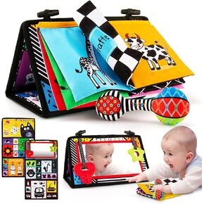 3-in-1 Tummy Time Mirror Toys with Soft Crinkle 3D Activity Book,Teethers, Rattle,High Contrast Black and White Montessori Baby Crawling Toys Developmental Newborn Infant Sensory Toys Gift 0-12 Months in Kuwait