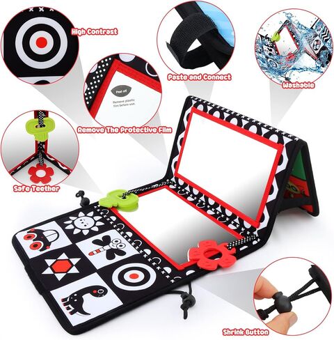 Tummy Time Floor Mirror with Teethers, Double-Sided Baby Mirror Black and White High Contrast Baby Toys for Babies, Baby Montessori Toys Crawling Developmental Newborn Infant Sensory Toys (A-Mirror) in Saudi Arabia