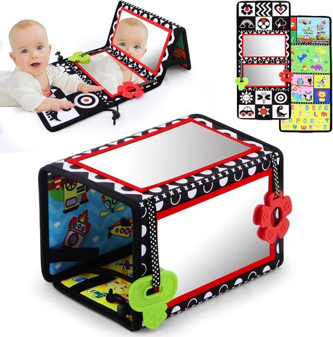 Tummy Time Floor Mirror with Teethers, Double-Sided Baby Mirror Black and White High Contrast Baby Toys for Babies, Baby Montessori Toys Crawling Developmental Newborn Infant Sensory Toys (A-Mirror) in Saudi Arabia
