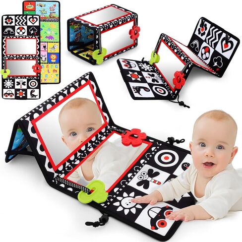 Tummy Time Floor Mirror with Teethers, Double-Sided Baby Mirror Black and White High Contrast Baby Toys for Babies, Baby Montessori Toys Crawling Developmental Newborn Infant Sensory Toys (A-Mirror) in Saudi Arabia