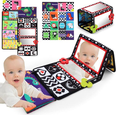 Tummy Time Floor Mirror with Teethers, Double-Sided Baby Mirror Black and White High Contrast Baby Toys for Babies, Baby Montessori Toys Crawling Developmental Newborn Infant Sensory Toys (A-Mirror) in Saudi Arabia
