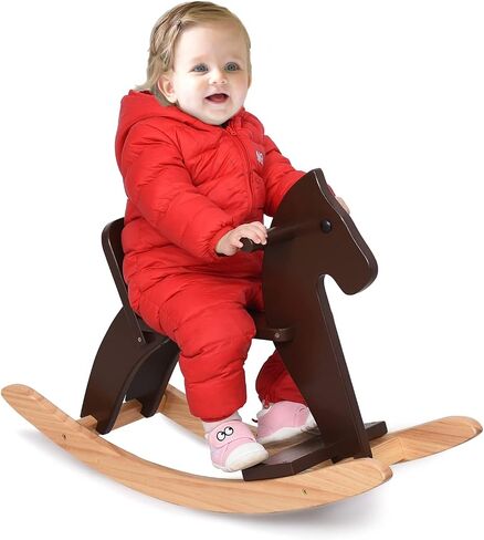 Rocking Horse Wooden Ride On Toy for Kids Classic Design Rocking Horse with Pedal and Safe Backrest Fine Workmanship(Classic, Natural) in Saudi Arabia
