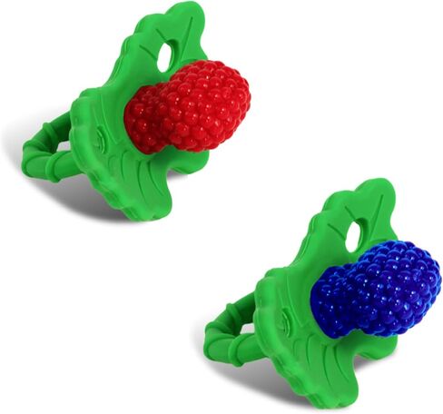 RaZbaby RaZberry Silicone Teether Pacifier – Teething Relief for Infants 3m+, Food-Grade, BPA-Free, Hands-Free, Natural Berrybumps Fruit Texture for Sensory Development, Freezable 2-Pack, Blue & Grey in Saudi Arabia