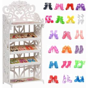 DoubleWood 1 Doll Shoes Rack + 20 Pairs Doll Shoes Replacement Playset Accessories Different Assorted Colors High Heel Boots Sandals Doll Shoes Set for 11.5 Inch Girl Doll