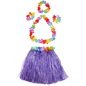 Girl's Elastic Hawaiian Hula Dancer Grass Skirt with Flower Costume Set -Purple Birthday Tropical Party Decorations 40cm