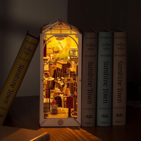مجموعات زاوية كتاب Rowood للبالغين، رف الكتب، إدراج ديكور زقاق 3D لغز خشبي Bookend DIY Craft Kits للبالغين مع ضوء LED - Sunshine Town in Kuwait