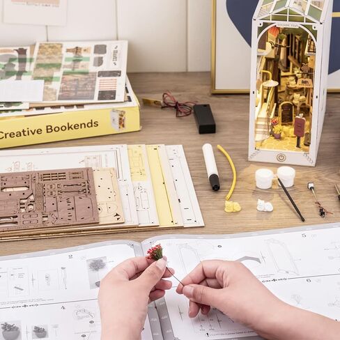 مجموعات زاوية كتاب Rowood للبالغين، رف الكتب، إدراج ديكور زقاق 3D لغز خشبي Bookend DIY Craft Kits للبالغين مع ضوء LED - Sunshine Town in Kuwait