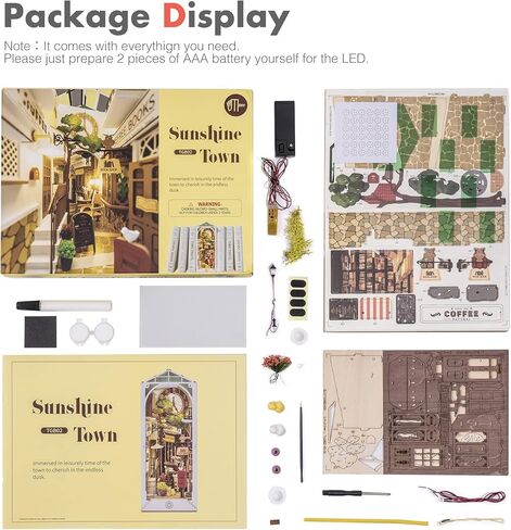 مجموعات زاوية كتاب Rowood للبالغين، رف الكتب، إدراج ديكور زقاق 3D لغز خشبي Bookend DIY Craft Kits للبالغين مع ضوء LED - Sunshine Town in Kuwait